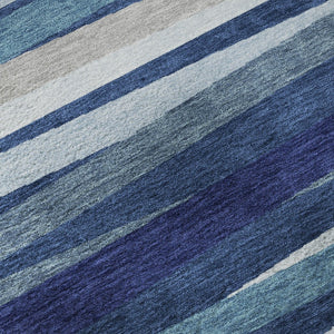 HomeRoots 9' X 12' Navy Blue Ivory Gray Striped Area Rug - Washable, Stain Resistant with UV Protection! 678507