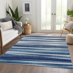 HomeRoots 9' X 12' Navy Blue Ivory Gray Striped Area Rug - Washable, Stain Resistant with UV Protection! 678507