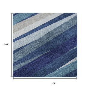 HomeRoots 9' X 12' Navy Blue Ivory Gray Striped Area Rug - Washable, Stain Resistant with UV Protection! 678507