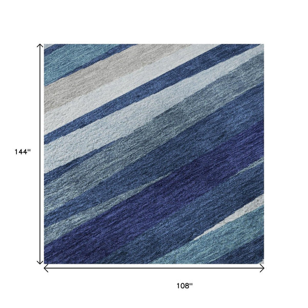 HomeRoots 9' X 12' Navy Blue Ivory Gray Striped Area Rug - Washable, Stain Resistant with UV Protection! 678507