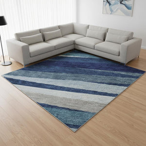 HomeRoots 9' X 12' Navy Blue Ivory Gray Striped Area Rug - Washable, Stain Resistant with UV Protection! 678507