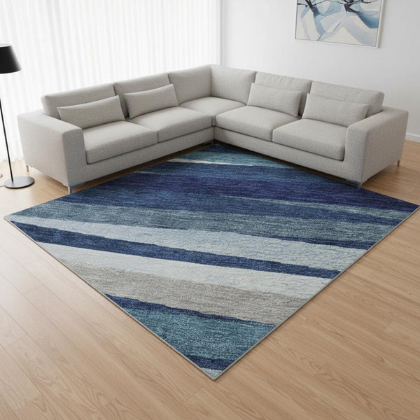 HomeRoots 9' X 12' Navy Blue Ivory Gray Striped Area Rug - Washable, Stain Resistant with UV Protection! 678507