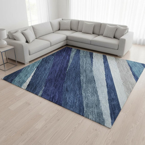HomeRoots 10' X 14' Navy Blue Ivory & Gray Striped Washable Area Rug - Durable, UV Protected, Easy Care Design! 678508