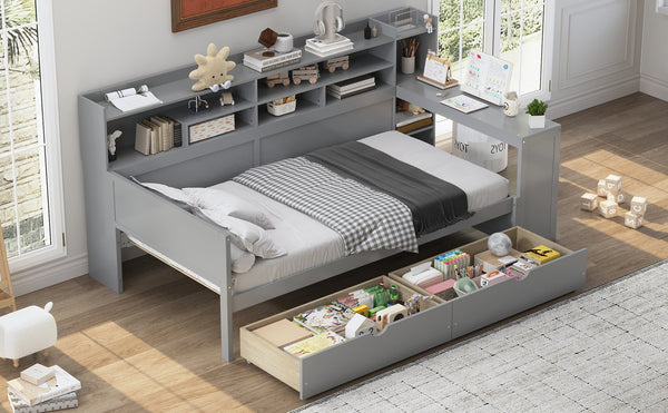 English Elm Wooden Twin Daybed with Built-In Desk, Side Shelves and Dual Drawers for Smart Space Saving Gray 54.9 L x 18.75 W x 5.6 H N733S241484E