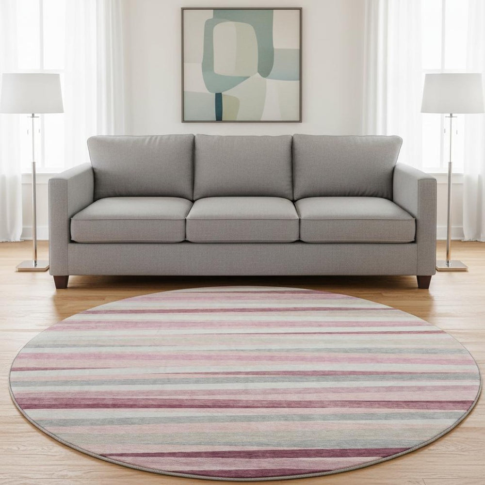 HomeRoots 8' Pink Ivory & Blush Striped Washable Round Rug - Durable, Stain-Resistant, UV Protected Design! 678511