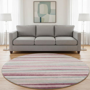 HomeRoots 8' Pink Ivory & Blush Striped Washable Round Rug - Durable, Stain-Resistant, UV Protected Design! 678511