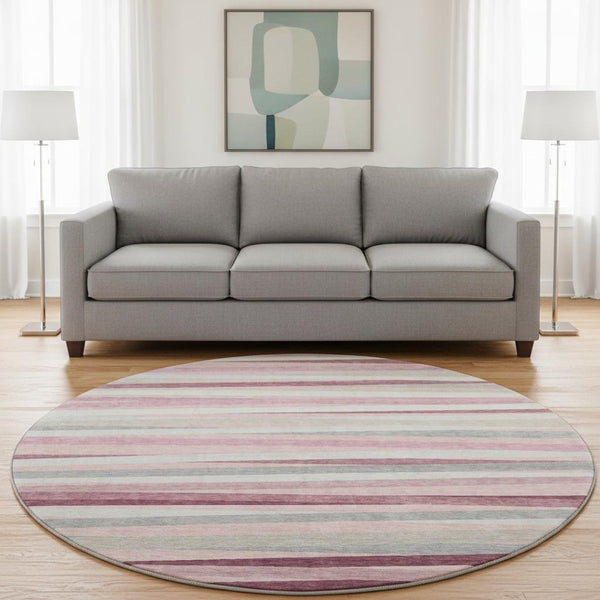 HomeRoots 8' Pink Ivory & Blush Striped Washable Round Rug - Durable, Stain-Resistant, UV Protected Design! 678511