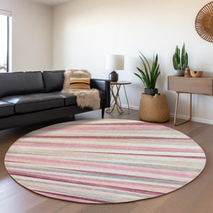 HomeRoots 8' Pink Ivory & Blush Striped Washable Round Rug - Durable, Stain-Resistant, UV Protected Design! 678511