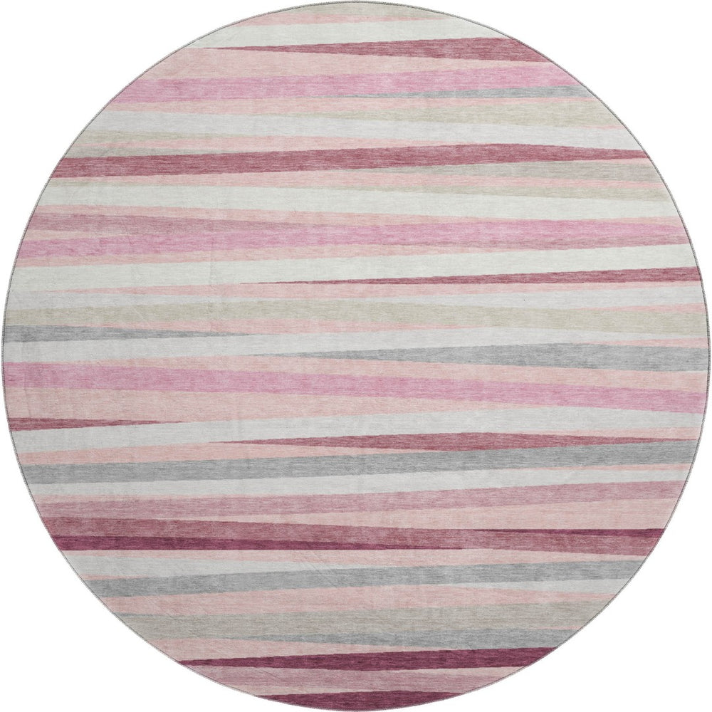 HomeRoots 8' Pink Ivory & Blush Striped Washable Round Rug - Durable, Stain-Resistant, UV Protected Design! 678511
