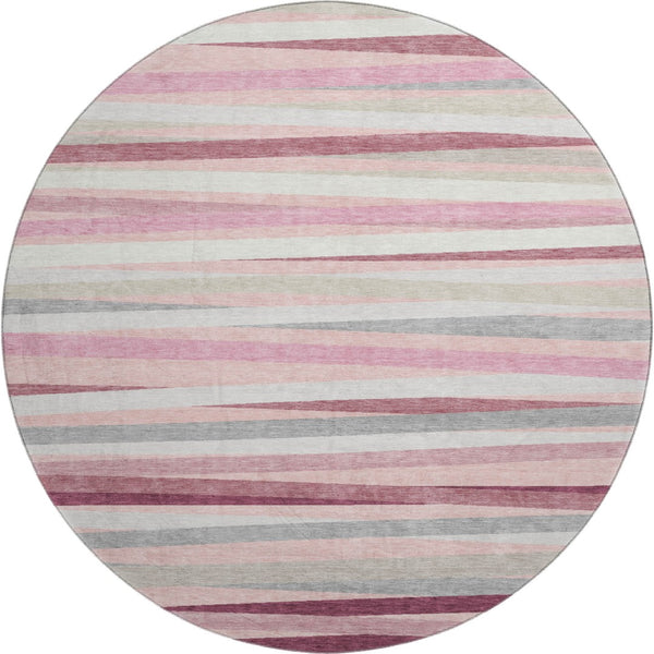 HomeRoots 8' Pink Ivory & Blush Striped Washable Round Rug - Durable, Stain-Resistant, UV Protected Design! 678511