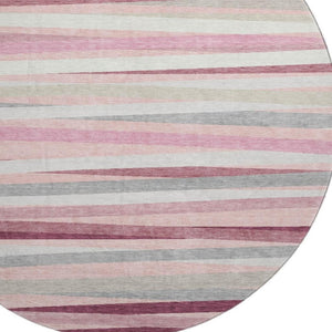 HomeRoots 8' Pink Ivory & Blush Striped Washable Round Rug - Durable, Stain-Resistant, UV Protected Design! 678511