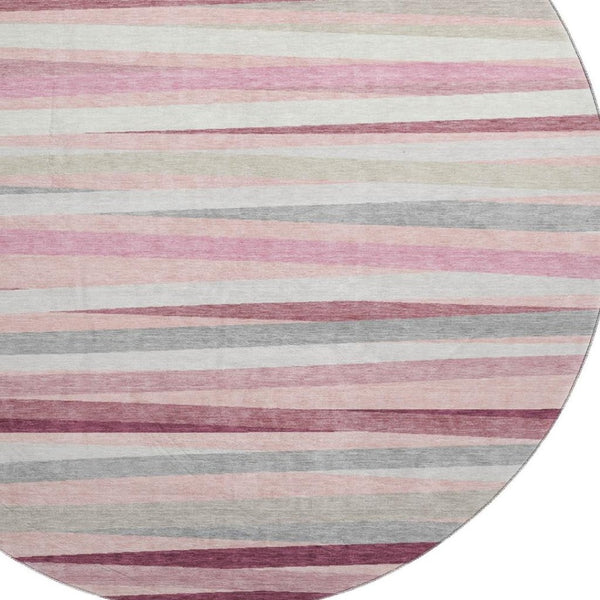 HomeRoots 8' Pink Ivory & Blush Striped Washable Round Rug - Durable, Stain-Resistant, UV Protected Design! 678511