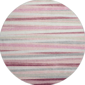 HomeRoots 8' Pink Ivory & Blush Striped Washable Round Rug - Durable, Stain-Resistant, UV Protected Design! 678511