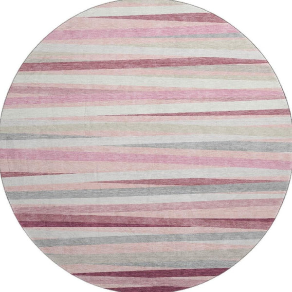 HomeRoots 8' Pink Ivory & Blush Striped Washable Round Rug - Durable, Stain-Resistant, UV Protected Design! 678511
