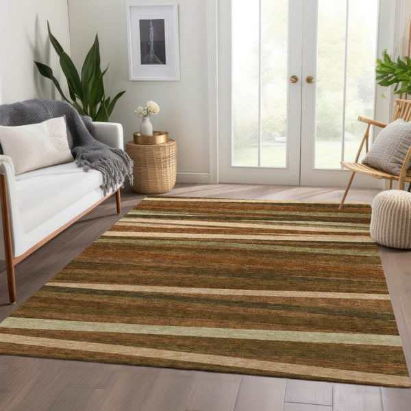 HomeRoots 5' X 8' Rust Brown & Copper Striped Washable Area Rug - UV Protected, Stain Resistant, Durable Design 678516