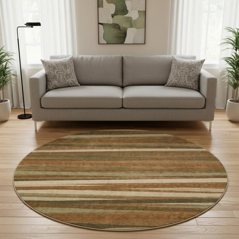 HomeRoots 8' Rust Brown and Copper Striped Round Rug – Durable, Washable, UV Resistant for Stylish Spaces 678517