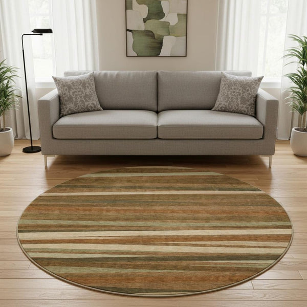 HomeRoots 8' Rust Brown and Copper Striped Round Rug – Durable, Washable, UV Resistant for Stylish Spaces 678517