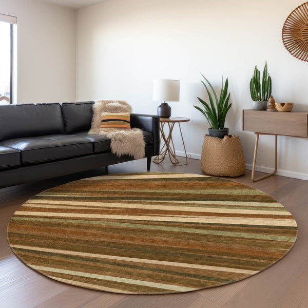 HomeRoots 8' Rust Brown and Copper Striped Round Rug – Durable, Washable, UV Resistant for Stylish Spaces 678517