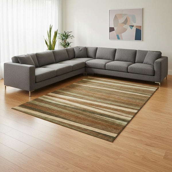 HomeRoots 9' X 12' Washable Rust Brown & Copper Striped Area Rug with UV Protection for Easy Care & Style 678519