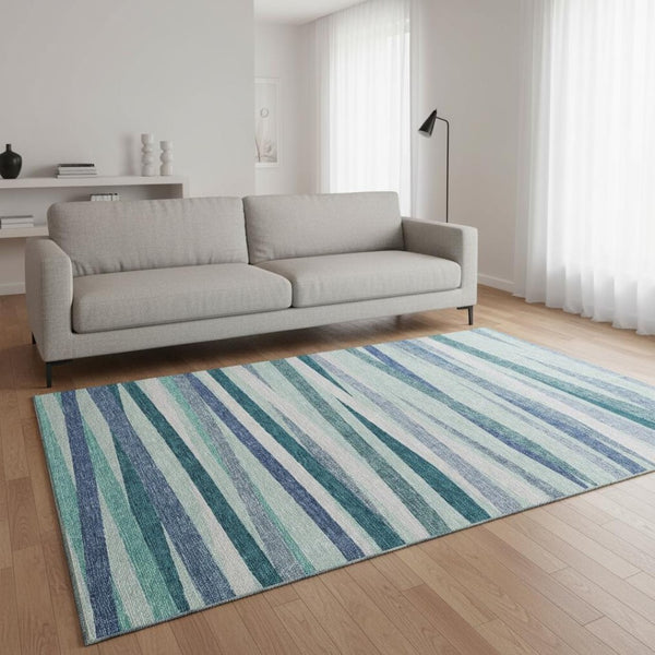 HomeRoots 5' X 8' Coastal Teal, Ivory & Blue Striped Area Rug – Washable, UV Protected & Perfect for Family Homes! 678522