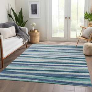 HomeRoots 5' X 8' Coastal Teal, Ivory & Blue Striped Area Rug – Washable, UV Protected & Perfect for Family Homes! 678522