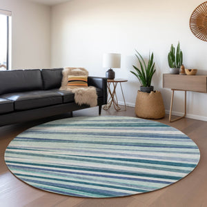 HomeRoots 8' Teal Ivory and Blue Striped Washable Round Rug – Durable, UV-Protected, Ideal for Indoor & Outdoor Use 678523