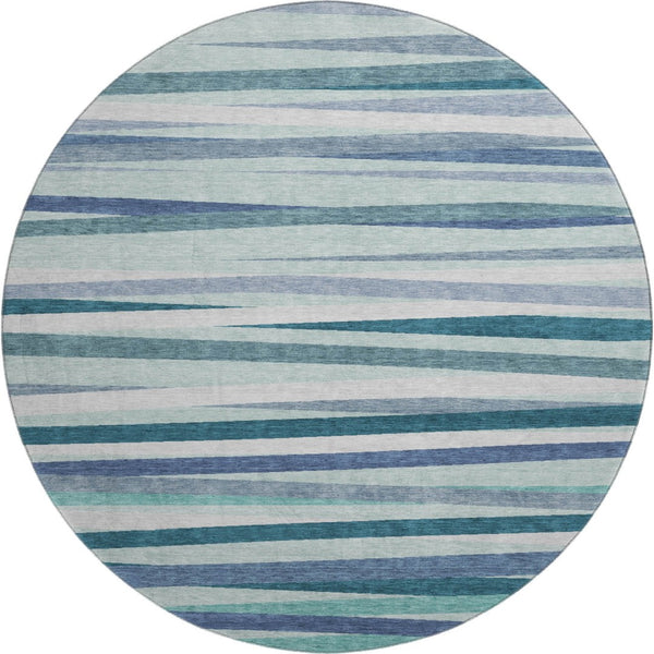 HomeRoots 8' Teal Ivory and Blue Striped Washable Round Rug – Durable, UV-Protected, Ideal for Indoor & Outdoor Use 678523