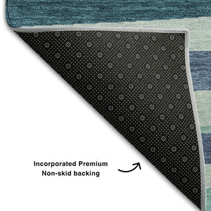 HomeRoots 8' Teal Ivory and Blue Striped Washable Round Rug – Durable, UV-Protected, Ideal for Indoor & Outdoor Use 678523