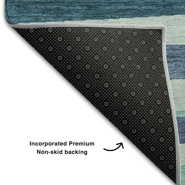 HomeRoots 8' Teal Ivory and Blue Striped Washable Round Rug – Durable, UV-Protected, Ideal for Indoor & Outdoor Use 678523