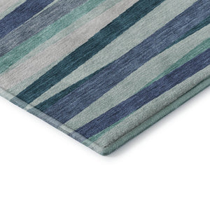 HomeRoots 8' Teal Ivory and Blue Striped Washable Round Rug – Durable, UV-Protected, Ideal for Indoor & Outdoor Use 678523
