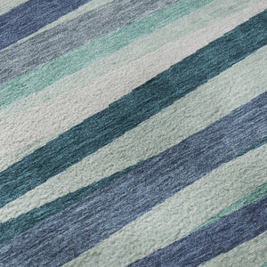 HomeRoots 8' Teal Ivory and Blue Striped Washable Round Rug – Durable, UV-Protected, Ideal for Indoor & Outdoor Use 678523