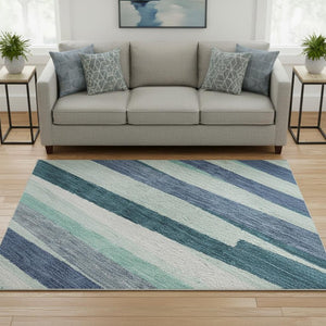 HomeRoots 8' Teal Ivory and Blue Striped Washable Round Rug – Durable, UV-Protected, Ideal for Indoor & Outdoor Use 678523