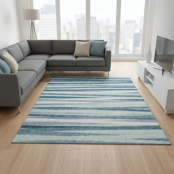 HomeRoots 8' X 10' Teal Ivory Blue Striped Area Rug – Washable, UV Protected, Stain-Resistant for High-Traffic Areas 678524