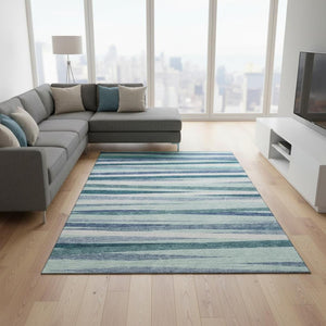 HomeRoots 9' X 12' Teal Ivory Blue Striped Washable Area Rug - UV Protected, Durable for High-Traffic Areas 678525