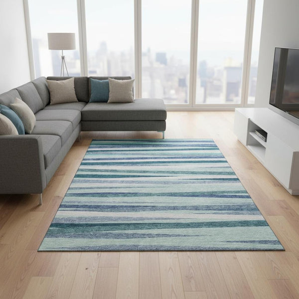 HomeRoots 9' X 12' Teal Ivory Blue Striped Washable Area Rug - UV Protected, Durable for High-Traffic Areas 678525
