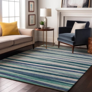 HomeRoots 9' X 12' Teal Ivory Blue Striped Washable Area Rug - UV Protected, Durable for High-Traffic Areas 678525