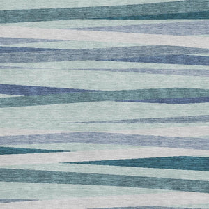 HomeRoots 9' X 12' Teal Ivory Blue Striped Washable Area Rug - UV Protected, Durable for High-Traffic Areas 678525