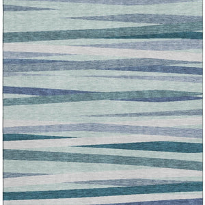 HomeRoots 9' X 12' Teal Ivory Blue Striped Washable Area Rug - UV Protected, Durable for High-Traffic Areas 678525