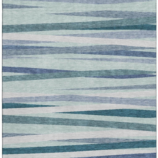 HomeRoots 9' X 12' Teal Ivory Blue Striped Washable Area Rug - UV Protected, Durable for High-Traffic Areas 678525
