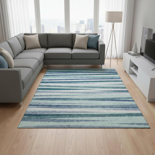 HomeRoots 10' X 14' Stylish Teal Ivory Blue Striped Area Rug - Durable, Washable, UV Protected for Any Space 678526