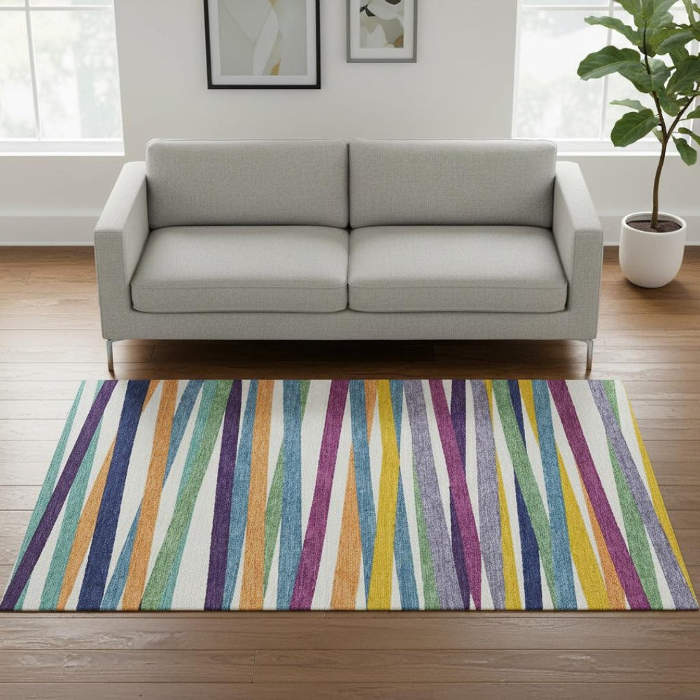 HomeRoots 5' Striped Washable Area Rug in White, Purple & Yellow - UV Protected, Soft & Easy to Clean! 678528