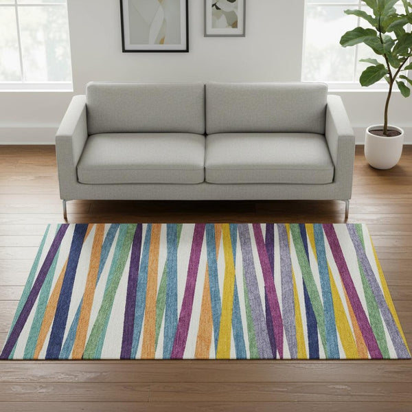 HomeRoots 5' Striped Washable Area Rug in White, Purple & Yellow - UV Protected, Soft & Easy to Clean! 678528