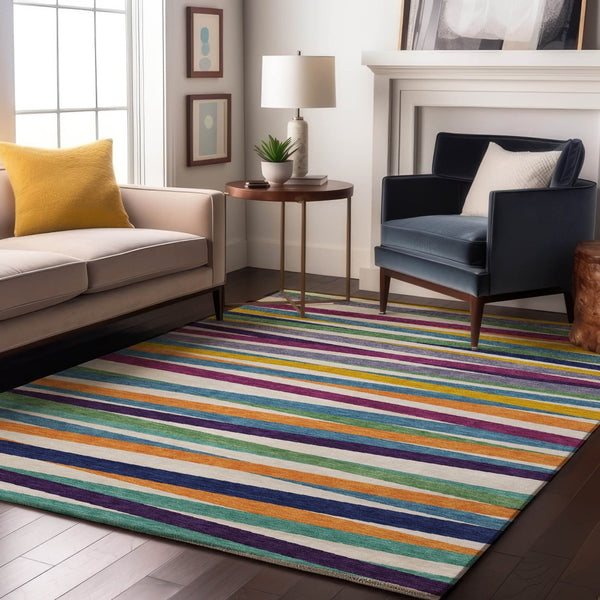 HomeRoots 5' Striped Washable Area Rug in White, Purple & Yellow - UV Protected, Soft & Easy to Clean! 678528