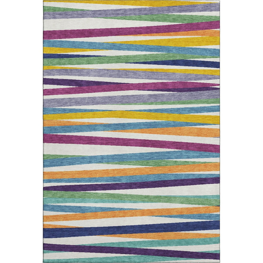 HomeRoots 5' Striped Washable Area Rug in White, Purple & Yellow - UV Protected, Soft & Easy to Clean! 678528