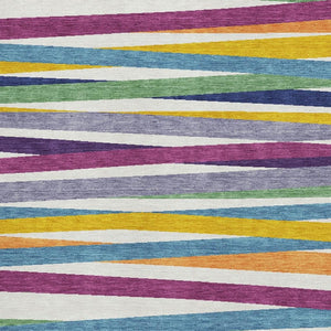 HomeRoots 5' Striped Washable Area Rug in White, Purple & Yellow - UV Protected, Soft & Easy to Clean! 678528