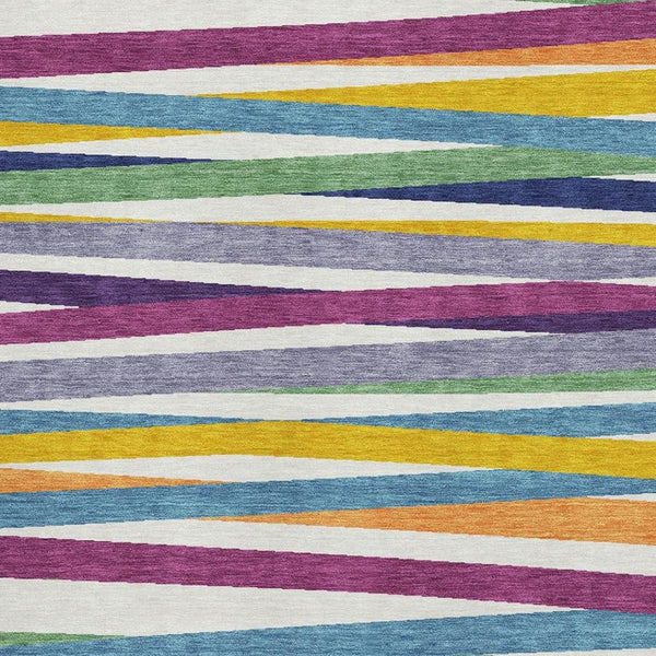 HomeRoots 5' Striped Washable Area Rug in White, Purple & Yellow - UV Protected, Soft & Easy to Clean! 678528