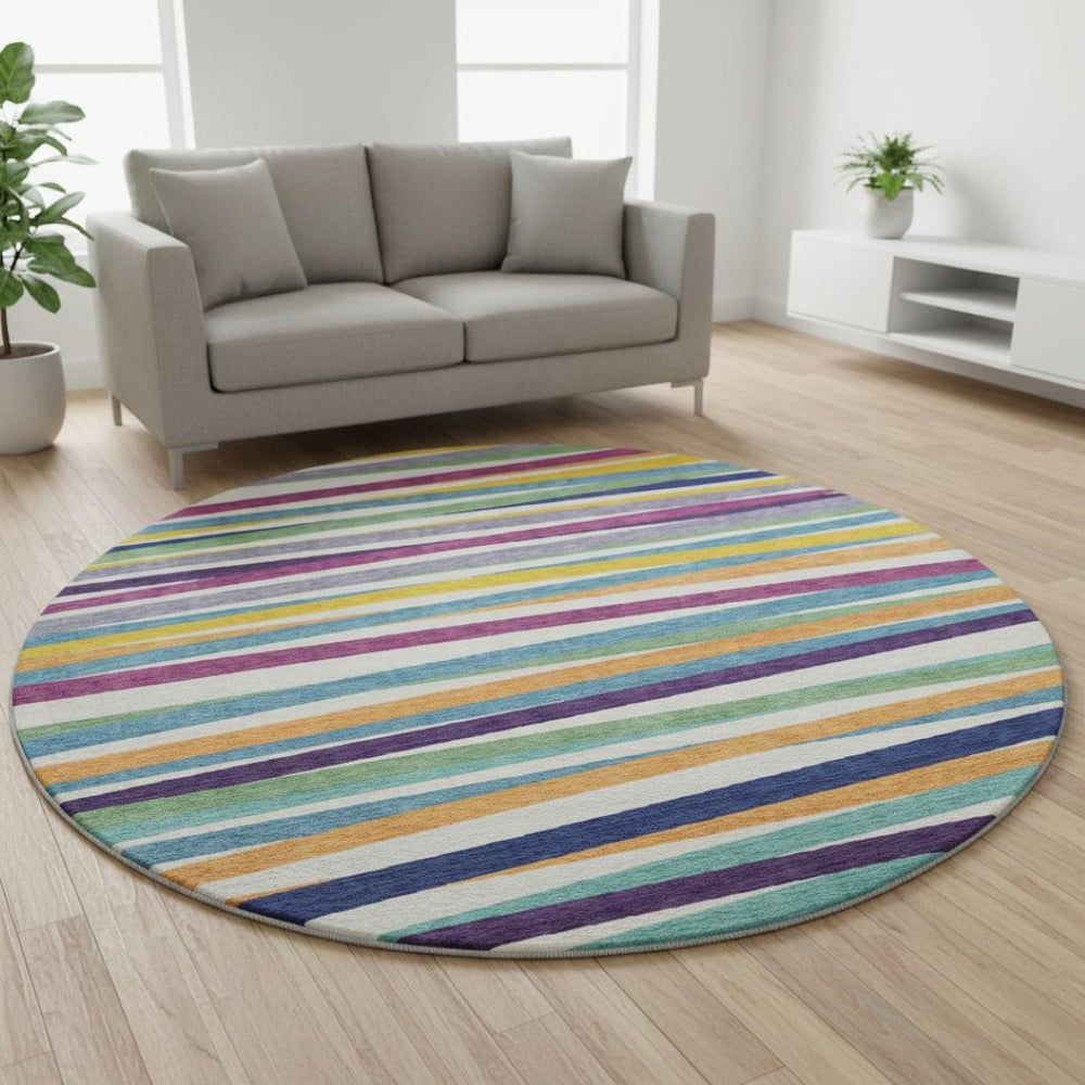 HomeRoots 8' Striped Round Rug in White, Purple & Yellow – Washable, UV Protected, Kid & Pet Friendly Design 678529
