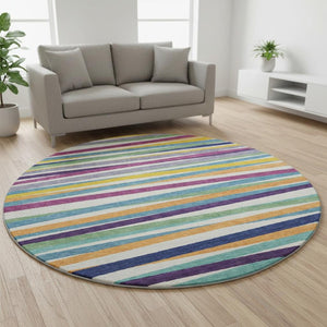 HomeRoots 8' Striped Round Rug in White, Purple & Yellow – Washable, UV Protected, Kid & Pet Friendly Design 678529