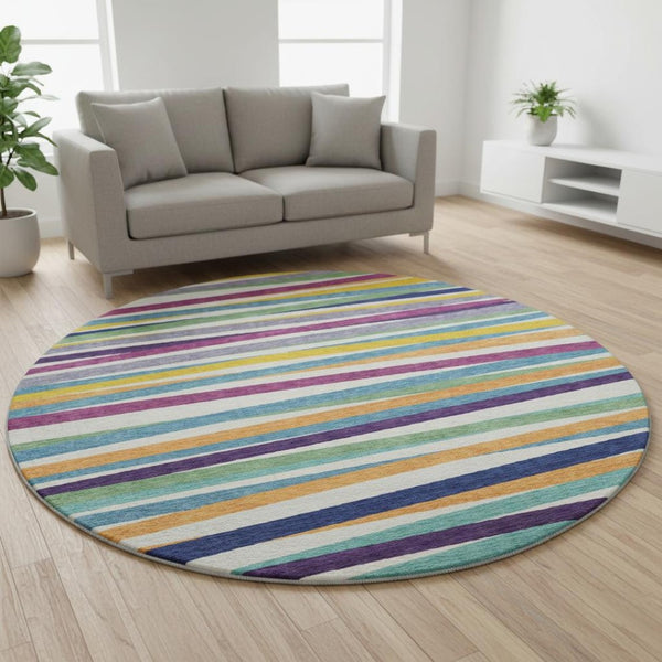 HomeRoots 8' Striped Round Rug in White, Purple & Yellow – Washable, UV Protected, Kid & Pet Friendly Design 678529