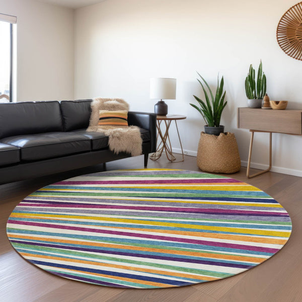 HomeRoots 8' Striped Round Rug in White, Purple & Yellow – Washable, UV Protected, Kid & Pet Friendly Design 678529